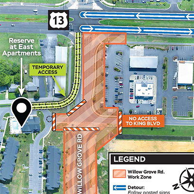 Willow Grove Road between US13 and King Blvd. Closure to begin October 19, 2026